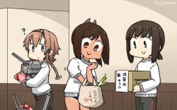Rule 34 | 3girls, ?, alternate costume, amazon (company), bag, black eyes, black hair, black headband, black one-piece swimsuit, black pants, braid, brand name imitation, brown eyes, brown hair, chou-10cm-hou-chan (teruzuki&#039;s), clothes writing, commentary request, cowboy shot, dated, fubuki (kancolle), grey eyes, groceries, hachimaki, hair ornament, hairclip, hallway, hamu koutarou, headband, highres, i-401 (kancolle), kantai collection, light brown hair, long hair, low ponytail, multiple girls, one-hour drawing challenge, one-piece swimsuit, pants, ponytail, propeller hair ornament, school swimsuit, shopping bag, short ponytail, sidelocks, spring onion, sweater, swimsuit, swimsuit under clothes, teruzuki (kancolle), track pants, translation request, twin braids, white sweater