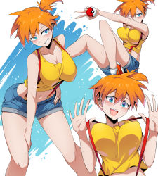 Rule 34 | 1girl, alternate breast size, blouse, blue eyes, breasts, cleavage, creatures (company), denim, denim shorts, eyelashes, game freak, grin, hair between eyes, hair tie, highres, large breasts, looking at viewer, misty (pokemon), multiple views, navel, nintendo, open mouth, orange hair, pokemon, pokemon (anime), pokemon (classic anime), ponytail, shimure (460), shirt, short hair, shorts, side ponytail, sleeveless, sleeveless shirt, smile, spread legs, suspenders, tank top, yellow shirt, yellow tank top