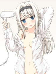 Rule 34 | 1girl, alternate costume, aoi akua, arm behind head, black hairband, blue eyes, blush, breasts, collarbone, collared shirt, commentary request, cowboy shot, dress shirt, gradient background, groin, hair dryer, hairband, hand up, holding, holding hair dryer, kaguya-sama wa kokurasetai ~tensai-tachi no renai zunousen~, long hair, long sleeves, looking at viewer, naked shirt, navel, open clothes, open mouth, out-of-frame censoring, shirogane kei, shirt, simple background, single bare shoulder, small breasts, solo, stomach, upper body, white hair