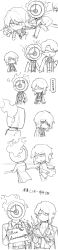 Rule 34 | 1boy, 1girl, 1other, absurdres, anger vein, anniversary, chibi, chinese text, clock, coat, coat on shoulders, collared shirt, dante (limbus company), dongrang (project moon), faust (project moon), fire, glasses, greyscale, highres, holding, holding party popper, ivy (675671), limbus company, long image, long sleeves, looking at viewer, monochrome, necktie, object head, party popper, project moon, shirt, short hair, simple background, sweater, tall image, translation request, vest