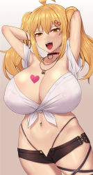 Rule 34 | 1girl, ahoge, armpits, arms behind head, arms up, bangs, bare shoulders, bikini, bikini bottom, black bikini, black shorts, blonde hair, blush, borrowed character, bracelet, breasts, chest tattoo, cleavage, collar, collarbone, covered erect nipples, gradient, gradient background, hair ornament, heart, heart hair ornament, heart tattoo, highleg, highleg bikini, highres, huge breasts, jewelry, long hair, looking at viewer, micro shorts, navel, navel piercing, necklace, nt00, o-ring, open mouth, original, piercing, saaya (kirome), shirt, short sleeves, shorts, smile, swimsuit, tattoo, thighs, tied shirt, twintails, white shirt, yellow eyes