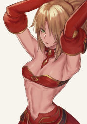 Rule 34 | 1girl, armpits, arms up, bandeau, blonde hair, breasts, detached sleeves, emoshon, fate/apocrypha, fate (series), grey background, highres, long hair, looking at viewer, mordred (fate), mordred (fate/apocrypha), navel, parted bangs, parted lips, red skirt, simple background, skirt, small breasts, solo