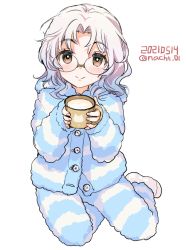 Rule 34 | 1girl, blush, brown eyes, buttons, closed mouth, cup, dated, full body, glasses, hirato (kancolle), holding, holding cup, kantai collection, long sleeves, looking at viewer, nacht (nacht 01), pajamas, short hair, silver hair, simple background, smile, solo, striped, twitter username, white background