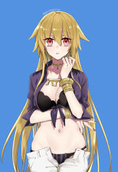 Rule 34 | 1girl, 88 (einnimnech), :o, absurdres, adapted costume, bikini, blue background, blush, bracelet, breasts, brown hair, cleavage, collarbone, cowboy shot, crop top, fate/stay night, fate (series), genderswap, genderswap (mtf), gilgamesh-ko, gilgamesh (fate), hair between eyes, hand up, highres, jewelry, large breasts, long hair, looking at viewer, mismatched bikini, nail polish, navel, necklace, official alternate costume, open clothes, open fly, open pants, open shirt, pants, parted lips, purple nails, purple ribbon, purple shirt, ribbon, shirt, short sleeves, sidelocks, simple background, solo, stomach, striped bikini, striped clothes, swimsuit, thighhighs, twitter username, v, v-shaped eyebrows, vertical-striped bikini, vertical-striped bikini bottom, vertical-striped clothes, very long hair, white pants