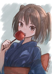 Rule 34 | 1girl, alternate costume, blue kimono, brown eyes, brown hair, candy apple, commentary request, food, japanese clothes, kantai collection, kimono, looking at viewer, sendai (kancolle), short hair, solo, twitter username, two side up, wss (nicoseiga19993411), yukata