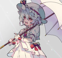 Rule 34 | 1girl, brooch, dress, grey background, hat, hat ribbon, highres, holding, holding umbrella, jewelry, looking at viewer, mob cap, open mouth, puffy short sleeves, puffy sleeves, red eyes, red ribbon, remilia scarlet, ribbon, short hair, short sleeves, solo, touhou, umbrella, uni (bom19850101), wrist cuffs