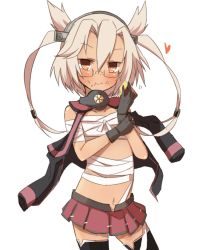 Rule 34 | 10s, 1girl, :t, aged down, bad id, bad pixiv id, black thighhighs, blonde hair, dark-skinned female, dark skin, eating, food, food on face, glasses, gloves, headgear, heart, kantai collection, looking at viewer, midriff, musashi (kancolle), navel, nonono (mino), personification, pointy hair, red eyes, sarashi, solo, thighhighs, twintails