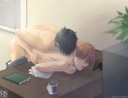 Rule 34 | 2boys, anal, artist name, bent over, closed eyes, clothed male nude male, clothes pull, copyright request, cute-blue, desk, doggystyle, from behind, male focus, male penetrated, multiple boys, nude, on desk, open mouth, pants, pants pull, pencil, red hair, roommates, school, sex, sex from behind, study, topless male, torso grab, yaoi