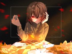 Rule 34 | 1girl, brown hair, chara (undertale), chess piece, choco rabbitt, flower, from side, gold, highres, light, looking at viewer, shirt, short hair, smile, undertale