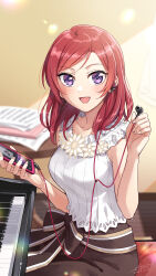 Rule 34 | 1girl, absurdres, blush, breasts, brown skirt, cellphone, commentary request, earbuds, earphones, highres, holding, holding phone, instrument, looking at viewer, love live!, love live! school idol project, medium breasts, medium hair, nishikino maki, phone, piano, purple eyes, red hair, shirt, sitting, skirt, sleeveless, sleeveless shirt, smartphone, solo, wedo, white shirt