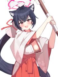 Rule 34 | 1girl, absurdres, animal ear fluff, animal ears, black hair, blue archive, blush, breasts, cat ears, fang, hakama, halo, highres, japanese clothes, kimono, long hair, looking at viewer, medium breasts, miko, official alternate costume, open mouth, ponytail, red eyes, red hakama, serika (blue archive), serika (new year) (blue archive), simple background, skin fang, solo, uro kohara, white background, white kimono