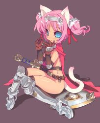Rule 34 | 1girl, animal ears, armor, bad id, bad pixiv id, blade (galaxist), blue eyes, cape, cat ears, cat tail, elbow gloves, gloves, greaves, no bra, no panties, original, pink hair, shield, solo, sword, tail, thighhighs, twintails, weapon