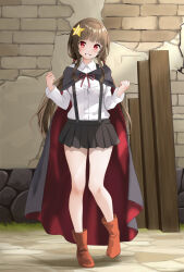 Rule 34 | 1girl, absurdres, aged up, black cape, black skirt, blunt bangs, blunt ends, blush, boots, breasts, brown footwear, brown hair, cape, clenched hands, collared shirt, colored eyelashes, commentary request, commission, day, dress shirt, eyebrows hidden by hair, full body, gibun (sozoshu), grin, hair ornament, hands up, happy, highres, komekko, kono subarashii sekai ni shukufuku wo!, long hair, long sleeves, looking at viewer, low twintails, medium breasts, miniskirt, outdoors, pleated skirt, red eyes, red pupils, red ribbon, ribbon, school uniform, shirt, sidelighting, sidelocks, skirt, smile, solo, standing, star (symbol), star hair ornament, suspender skirt, suspenders, twintails, variant set, very long hair, w arms, white shirt