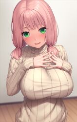 Rule 34 | 1girl, bang dream!, blurry, blurry background, blush, breasts, covered erect nipples, fingernails, green eyes, hair ribbon, indoors, lambda (kusowarota), large breasts, long sleeves, looking at viewer, low twintails, medium hair, open mouth, own hands together, pink hair, pink ribbon, raised eyebrows, ribbed sweater, ribbon, sleeves past wrists, smile, solo, sweater, twintails, uehara himari, white sweater