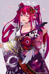 Rule 34 | 1girl, bare shoulders, breasts, cleavage, highres, hololive, hololive english, irys (hololive), large breasts, looking at viewer, medium breasts, one eye closed, red eyes, seraphim throne, smile, solo, twintails, virtual youtuber, wide sleeves
