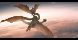 Rule 34 | above clouds, absurdres, aerial battle, alien, battle, cloud, dragon, epic, flying, giant, giant monster, godzilla (series), highres, hydra, inkveil-matter, kaijuu, king ghidorah, letterboxed, monster, multiple heads, no humans, pterosaur, realistic, rodan, toho, wings