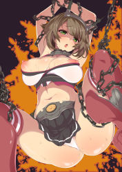 Rule 34 | 10s, 1girl, arms up, bdsm, belt, bondage, bound, breasts, brown hair, chain, chained, green eyes, headgear, kantai collection, large breasts, miniskirt, mutsu (kancolle), neyonsan, nipples, open mouth, panties, red thighhighs, shaded face, short hair, skirt, solo, spread legs, thighhighs, underwear, upskirt, white panties