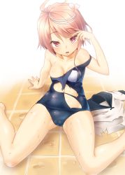 Rule 34 | 10s, 1girl, ahoge, arm support, ayagi daifuku, bare shoulders, breasts, cameltoe, cleavage, collarbone, hair ornament, i-58 (kancolle), kantai collection, looking at viewer, navel, parted lips, pink eyes, pink hair, school swimsuit, shirt, unworn shirt, short hair, sitting, small breasts, solo, strap slip, swimsuit, tile floor, tiles, torn clothes, torn shirt, torn swimsuit, wariza, wet