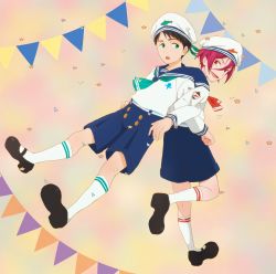 Rule 34 | 10s, 2boys, aged down, back-to-back, bad id, bad pixiv id, black hair, child, free!, green eyes, hat, kneehighs, male focus, matsuoka rin, multiple boys, open mouth, red eyes, red hair, ronisuke, sailor, sailor hat, smile, socks, yamazaki sousuke