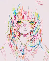 Rule 34 | 1girl, blush, colorful, dated, green eyes, hatching (texture), long hair, looking at viewer, original, signature, simple background, smile, solo, traditional media, upper body, watanabe tomari, white background