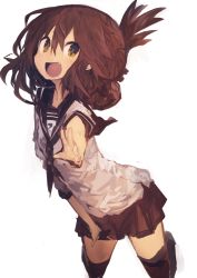 Rule 34 | 1girl, absurdres, arched back, brown eyes, brown hair, brown skirt, fang, folded ponytail, foreshortening, hair between eyes, highres, inazuma (kancolle), kaamin (mariarose753), kantai collection, kneeling, looking at viewer, open mouth, outstretched arm, pleated skirt, school uniform, serafuku, short sleeves, simple background, skirt, smile, solo, thighhighs, white background