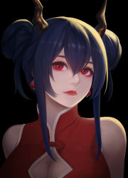Rule 34 | 1girl, absurdres, arknights, bad id, bad pixiv id, black background, black hair, breasts, ch&#039;en (ageless afterglow) (arknights), ch&#039;en (arknights), china dress, chinese clothes, cleavage, double bun, dragon horns, dress, expressionless, hair between eyes, hair bun, hc (user tem2272), highres, horns, lipstick, makeup, official alternate costume, red eyes, sidelocks, solo