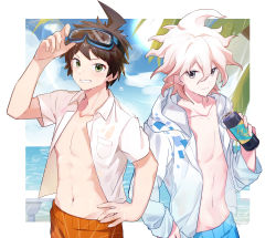 Rule 34 | 2boys, absurdres, ahoge, beach, blue male swimwear, blue swim trunks, breast pocket, brown hair, can, collarbone, cowboy shot, danganronpa (series), danganronpa 2: goodbye despair, danganronpa s: ultimate summer camp, diving mask, diving mask on head, goggles, goggles on head, grin, highres, hinata hajime, holding, holding can, jacket, komaeda nagito, male focus, male swimwear, messy hair, midou (grk12138), multiple boys, navel, open clothes, open jacket, orange male swimwear, orange swim trunks, outdoors, palm leaf, pocket, short hair, smile, swim trunks, swimsuit, teeth, wet, wet hair, white jacket