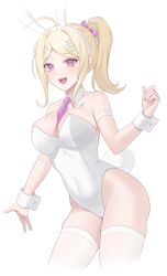 Rule 34 | 1girl, :d, absurdres, akamatsu kaede, alternate costume, animal ears, blonde hair, bow, contrapposto, covered navel, cropped legs, danganronpa (series), danganronpa v3: killing harmony, detached collar, fake animal ears, fortissimo, groin, hair bow, hair ornament, highres, leotard, lumishen, musical note, musical note hair ornament, nail polish, necktie, open mouth, pink bow, pink eyes, ponytail, purple necktie, rabbit ears, rabbit tail, simple background, smile, solo, tail, teeth, thighhighs, upper teeth only, white background, white leotard, white thighhighs, wrist cuffs