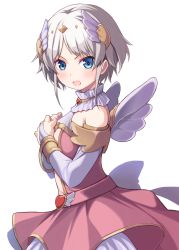 Rule 34 | 1girl, angel wings, armlet, bare shoulders, blue eyes, blush, bracelet, breasts, bridal gauntlets, circlet, commentary request, cowboy shot, detached collar, dress, eyebrows hidden by hair, gold choker, hands on own chest, highres, horns, jewelry, looking at viewer, open mouth, partial commentary, pink dress, princess connect!, ribucci, short hair, short hair with long locks, sidelocks, simple background, sleeveless, sleeveless dress, small breasts, solo, standing, white background, wings, yori (angel) (princess connect!), yori (princess connect!)