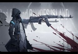 Rule 34 | 1other, aiming, ak-74m, ambiguous gender, arknights, arsh (thestarwish), assault rifle, black robe, blood, blood splatter, doctor (arknights), english text, from side, gun, hands in pockets, hooded robe, kalashnikov rifle, letterboxed, rifle, robe, solo, weapon