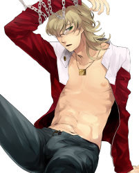 Rule 34 | 10s, 1boy, barnaby brooks jr., blonde hair, chain, glasses, green eyes, jacket, jewelry, male focus, mihara (081mhrs), necklace, open clothes, open jacket, red jacket, simple background, solo, tiger &amp; bunny, white background