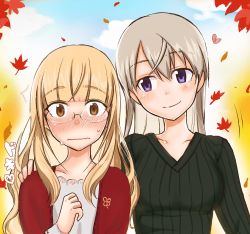 Rule 34 | 2girls, autumn, autumn leaves, blonde hair, brown eyes, cloud, collarbone, couple, day, eila ilmatar juutilainen, emirio (emirio110), glasses, hand on another&#039;s shoulder, highres, leaf, long hair, multiple girls, nervous, perrine h. clostermann, purple eyes, silver hair, sky, smile, strike witches, sweat, world witches series, yuri