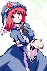 Rule 34 | 1girl, amami amayu, blush, breasts, cupping hands, dress, female focus, hat, jaggy lines, japanese clothes, large breasts, looking at viewer, looking up, matching hair/eyes, mob cap, oekaki, outstretched hand, own hands together, red eyes, red hair, saigyouji yuyuko, short hair, simple background, smile, solo, touhou, triangular headpiece