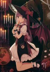 Rule 34 | 1girl, absurdres, bare legs, bell, black hat, bow, bowtie, brown hair, candle, candlestand, candy, clock, demon wings, dress, flat chest, flower, food, globe, grandfather clock, hat, hat bow, high heels, highres, holding, holding candy, holding food, holding lollipop, kneeling, loafers, lollipop, long hair, looking at viewer, original, purple eyes, scan, shoes, short sleeves, socks, solo, tongue, tongue out, two-sided fabric, two-sided headwear, vest, white dress, white flower, white socks, wings, witch hat, yashiro seika