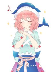 Rule 34 | 1girl, animal hat, apron, blue apron, blue hat, blue shirt, blush, closed eyes, closed mouth, eighth note, hair between eyes, hat, highres, kaoling, musical note, okunoda miyoi, pink hair, puffy short sleeves, puffy sleeves, purple skirt, shirt, short hair, short sleeves, simple background, skirt, smile, solo, sparkle, touhou, upper body, whale hat, white background