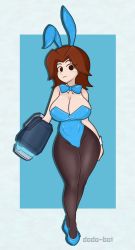 Rule 34 | 1girl, :|, absurdres, animal ears, arm at side, arm cannon, artist name, bare shoulders, black eyes, black pantyhose, blue background, blue bow, blue footwear, blue leotard, blue neckwear, bow, bowtie, breasts, brown hair, cleavage, closed mouth, detached collar, dodo-bot, expressionless, eyelashes, fake animal ears, full body, glowing, high heels, highres, hip focus, large breasts, leotard, looking at viewer, medium hair, mii (nintendo), mii gunner, nintendo, pantyhose, playboy bunny, rabbit ears, solid eyes, solo, standing, strapless, strapless leotard, super smash bros., taut clothes, taut leotard, thighs, weapon, wrist cuffs