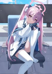 Rule 34 | 1girl, absurdres, ass, black gloves, blue archive, blush stickers, chair, closed mouth, fingerless gloves, fukujin, gloves, halo, highres, jacket, koyuki (blue archive), long hair, long sleeves, looking at viewer, monitor, pink eyes, pink hair, pink halo, sitting, solo, thighhighs, twintails, two-sided fabric, two-sided jacket, white jacket, white thighhighs