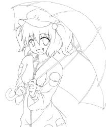 Rule 34 | 1girl, bad id, bad pixiv id, fang, female focus, greyscale, hat, highres, kawashiro nitori, lineart, looking at viewer, monochrome, open mouth, smile, solo, touhou, two side up, umbrella, yunomi chawan