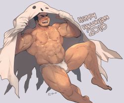 Rule 34 | 1boy, 2018, abs, bara, bare pectorals, briefs, bulge, chest hair, english text, facial hair, full body, ghost costume, goatee, halloween costume, highres, large pectorals, laughing, male focus, male underwear, manly, muscular, navel, navel hair, nipples, original, pectorals, rybiok, short hair, sideburns, solo, thick thighs, thighs, underwear