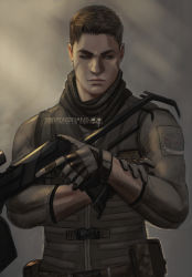 Rule 34 | 1boy, absurdres, artist name, black gloves, black scarf, brown hair, bulletproof vest, closed mouth, gloves, grey shirt, gun, highres, holding, holding gun, holding weapon, looking to the side, male focus, pain-art, piers nivans, resident evil, resident evil 6, scarf, shirt, short hair, soldier, solo, tumblr username, upper body, weapon