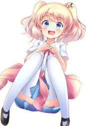Rule 34 | 1girl, :d, alice cartelet, aru (arudes), black footwear, blonde hair, blue eyes, blue skirt, blush, bow, cardigan, collared shirt, highres, kin-iro mosaic, knees together feet apart, mary janes, open mouth, pink bow, pink cardigan, pink neckwear, pleated skirt, school uniform, shirt, shoes, short hair, short sleeves, simple background, skirt, smile, solo, thighhighs, twintails, white background, white shirt, white thighhighs