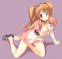 Rule 34 | 00s, 1girl, asahina mikuru, bad id, bad pixiv id, breasts, brown hair, cleavage, contact lens, corset, heterochromia, inase shin&#039;ya, large breasts, long hair, mary janes, official alternate hairstyle, shoes, simple background, solo, suzumiya haruhi no yuuutsu, twintails, waitress