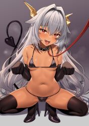 Rule 34 | 1girl, bare shoulders, bikini, blush, breasts, commentary request, dark-skinned female, dark skin, dragon girl, dragon horns, dragon tail, elbow gloves, enjo kouhai, gloves, grey hair, high heels, highres, horns, leash, long hair, looking at viewer, navel, red eyes, small breasts, solo, squatting, steam, stomach, swimsuit, tail, takunomi, thighhighs, thong bikini, tongue, tongue out, ursula (takunomi), viewer holding leash
