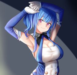 Rule 34 | 1girl, absurdres, argyle, argyle clothes, argyle cutout, armpits, arms up, azur lane, bad id, bad pixiv id, bare shoulders, blue hair, blush, breasts, buttons, cleavage, closed mouth, clothing cutout, collar, dress, dvdraw, elbow gloves, gloves, highres, large breasts, long hair, looking at viewer, metal collar, painttool sai (medium), purple eyes, sidelocks, smile, st. louis (azur lane), taut clothes, taut dress, two-tone dress