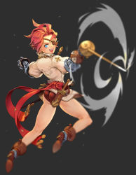 Rule 34 | 1girl, ass, bae yamile, blue eyes, blurry, depth of field, eyepatch, fang, fencing, gauntlets, highres, open mouth, rapier, red hair, short hair, solo, sword, weapon