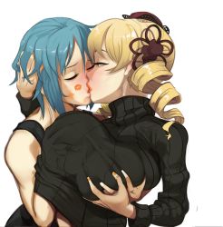 Rule 34 | 2girls, black sweater, blonde hair, blue hair, breast lift, breasts, casual, cheating (relationship), closed eyes, commission, deep skin, drill hair, grabbing, grabbing another&#039;s breast, grabbing another's breast, grabbing from behind, groping, guided breast grab, guiding hand, hair ornament, hairpin, half-closed eyes, hand in another&#039;s hair, hand under clothes, highres, huge breasts, kiss, lipstick, lipstick mark, lipstick mark on face, mahou shoujo madoka magica, mahou shoujo madoka magica (anime), makeup, miki sayaka, multiple girls, orange lips, polyle, saliva, short hair, sweater, tank top, tomoe mami, turtleneck, turtleneck sweater, twin drills, unaligned breasts, white background, yellow eyes, yuri