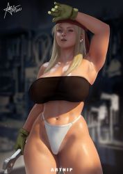 Rule 34 | 1girl, 2021, alternate breast size, arm up, armpits, artnip, bandana, bare shoulders, blue eyes, breasts, commentary, contrapposto, covered erect nipples, cowboy shot, curvy, dappled sunlight, ear piercing, english commentary, forehead, fullmetal alchemist, gloves, green gloves, large breasts, long hair, looking at viewer, mechanic, muscular, navel, no pants, panties, piercing, red bandana, red eyes, see-through, shiny skin, sidelighting, signature, solo, standing, stomach, strapless, sunlight, sweat, thick eyebrows, thick thighs, thighs, toned, tube top, underwear, white panties, winry rockbell, wiping forehead, wrench