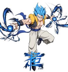 Rule 34 | 1boy, abs, absurdres, artist name, baggy pants, bakarott, biceps, black footwear, black vest, blue eyes, blue hair, blue sash, boots, closed mouth, collarbone, commentary, dragon ball, dragon ball super, dragon ball super broly, energy, english commentary, fingernails, full body, gogeta, highres, leg up, looking at viewer, male focus, metamoran vest, muscular, muscular male, open clothes, open vest, outstretched arms, pants, pectorals, sash, simple background, smile, smirk, solo, spiked hair, spread arms, super saiyan, super saiyan blue, v-shaped eyebrows, vest, white background, white pants