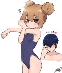 Rule 34 | 1boy, 1girl, ?, aisaka taiga, black hair, blue one-piece swimsuit, blush, breasts, commentary, covered navel, cowboy shot, cropped torso, double bun, english commentary, hair bun, highleg, highleg swimsuit, highres, jitome, koonowen, looking to the side, one-piece swimsuit, purple eyes, short hair, signature, simple background, small breasts, stretching, swimsuit, takasu ryuuji, thighs, toradora!, white background