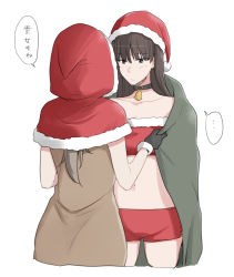 Rule 34 | ..., 2girls, barefoot, bell, black choker, black gloves, black hair, blanket, blunt bangs, brown eyes, brown hair, capelet, choker, christmas, closed mouth, commentary, crop top, cropped legs, fur-trimmed capelet, fur trim, girls und panzer, girls und panzer senshadou daisakusen!, gloves, hat, holding, holding blanket, hood, hood up, hooded capelet, lace-up, light blush, light frown, long hair, long sleeves, looking at another, mature female, micro shorts, multiple girls, navel, neck bell, nishizumi shiho, off-shoulder shirt, off shoulder, official alternate costume, red capelet, red headwear, red shirt, red shorts, santa costume, santa hat, shimada chiyo, shirt, shorts, simple background, spoken ellipsis, standing, straight hair, translated, white background, yuri, yuuhi (arcadia)